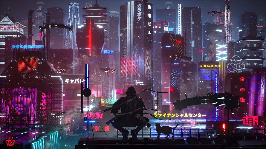 Cyberpunk Samurai Silhouette in Neon-Lit Futuristic Tokyo Cityscape with Cat HD wallpaper