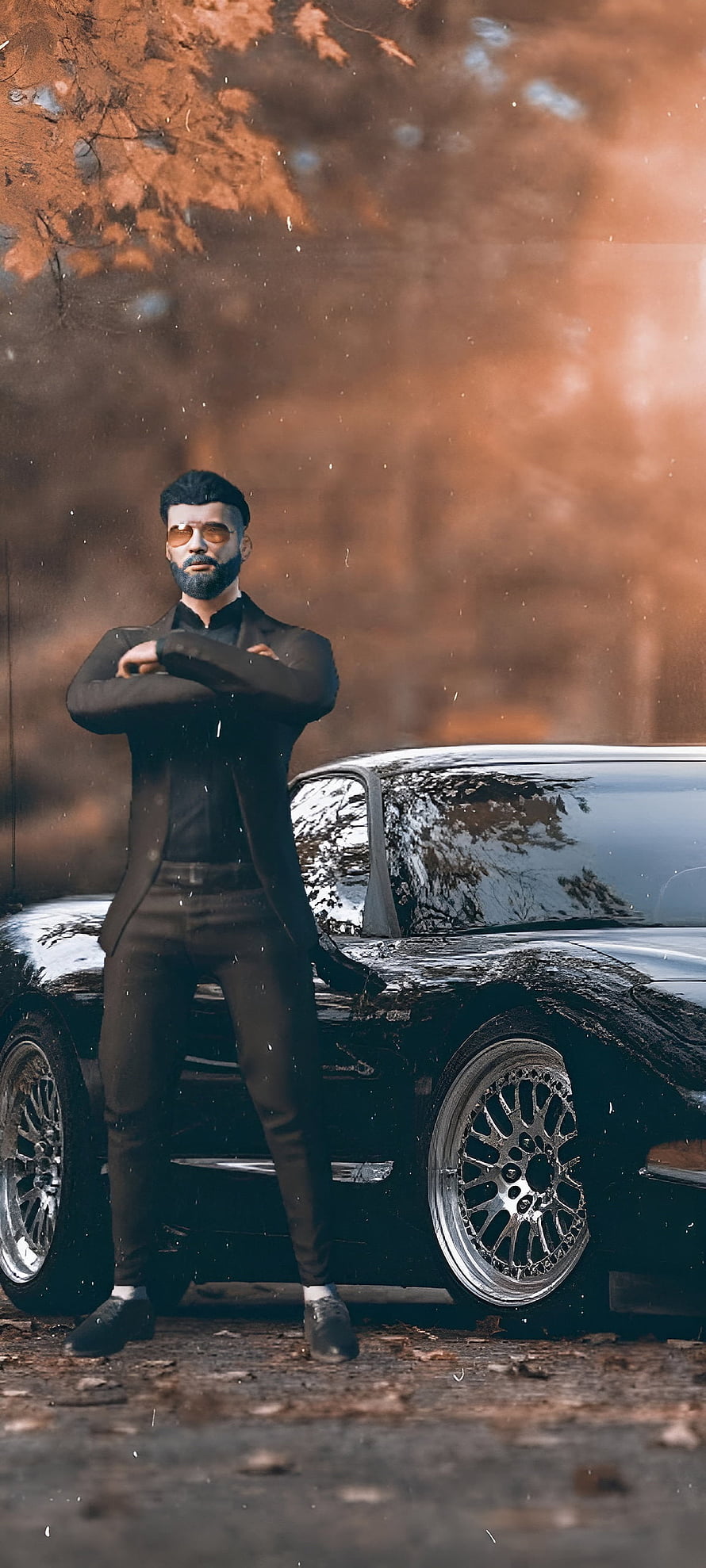 Stylish Man in Black Suit Leaning Against Classic Car in Autumn Setting, Pubg mobile, gaming, games, attitude, bgmi, pubg HD phone wallpaper