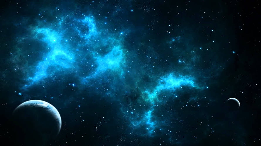 Vast Deep Space Scene Featuring Blue Nebula Clouds and Distant Planets HD wallpaper