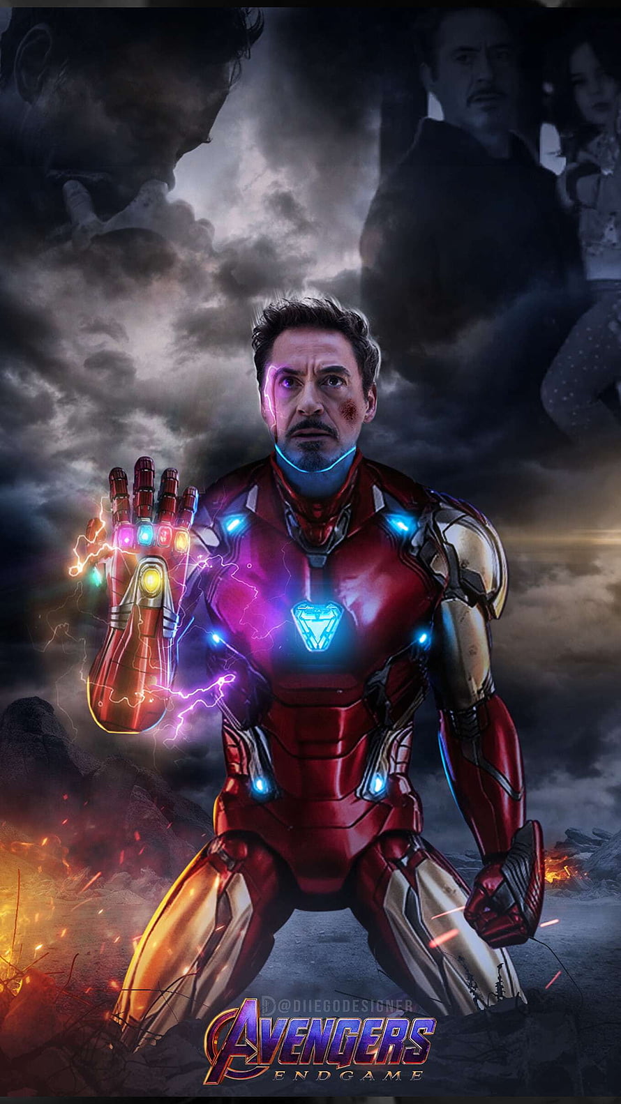 Iron Man in Red and Gold Armor Wielding Infinity Gauntlet Amidst Stormy Battle Sky HD phone wallpaper