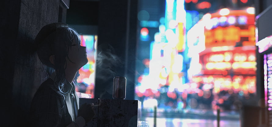 Suisei Hoshimachi Hololive Anime Girl Smoking in Neon City Night HD wallpaper