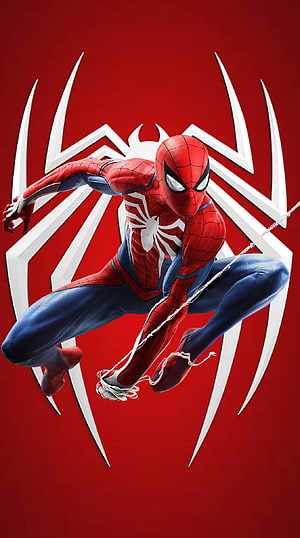 Spider-Man in Dynamic Action Pose with Web-Slinger Emblem on Red Background HD phone wallpaper