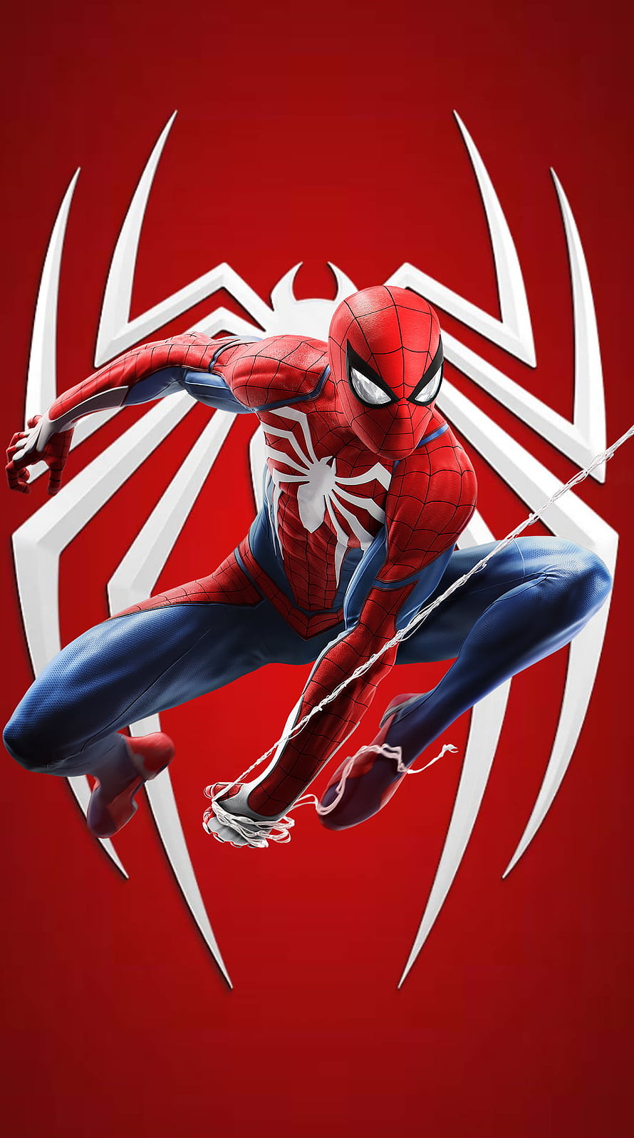 Spider-Man in Dynamic Action Pose with Web-Slinger Emblem on Red Background HD phone wallpaper