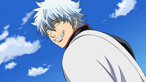 Gintoki Sakata from Gintama Smiling Under a Bright Blue Sky HD wallpaper