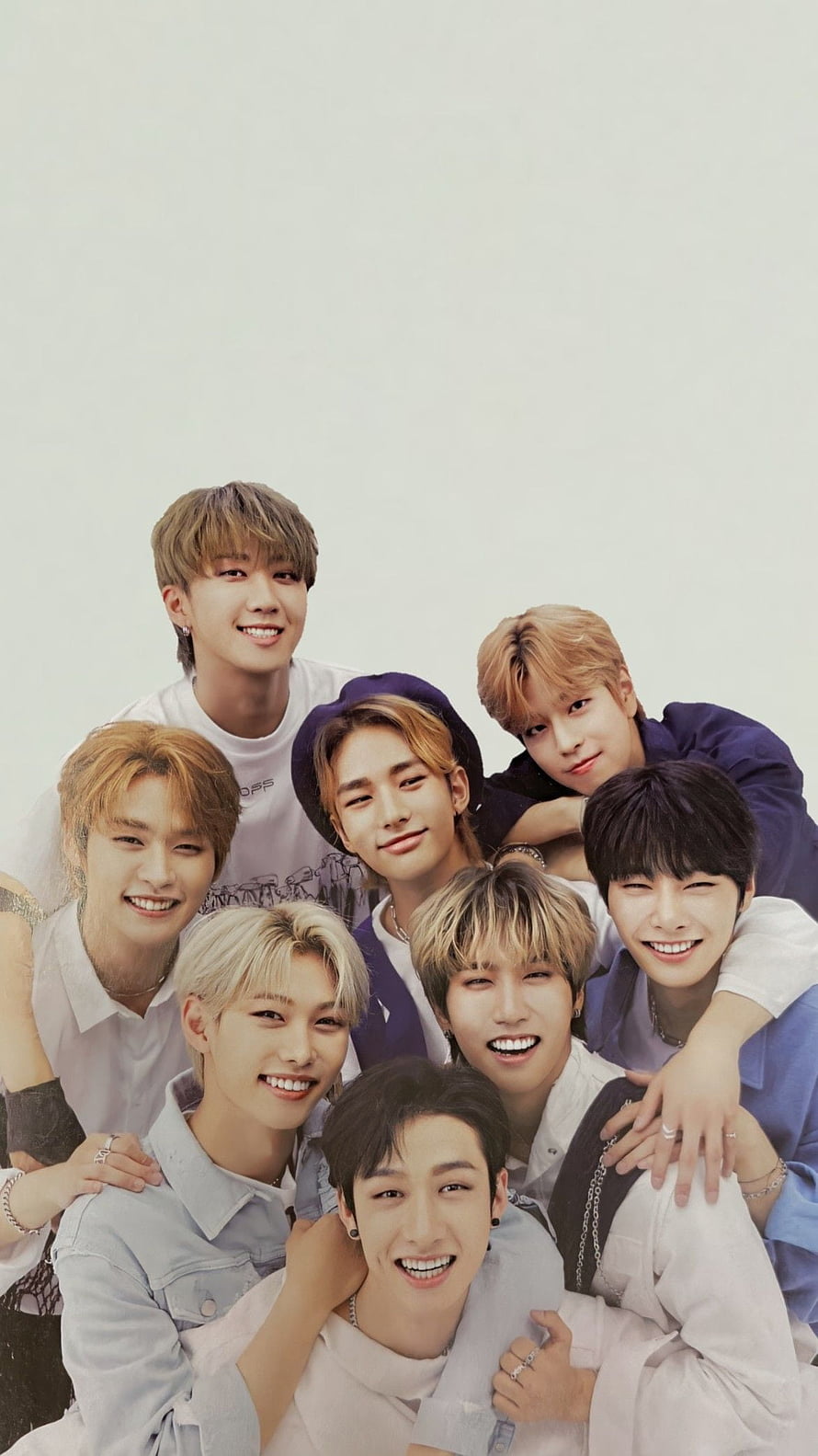Stray Kids Group Portrait in Casual Pastel Outfits Against White Background HD phone wallpaper