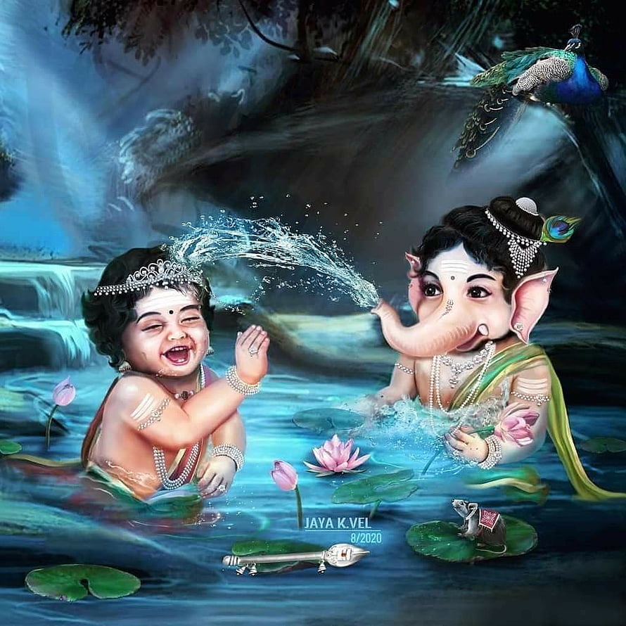 Baby Ganesha and Murugan Playing in Lotus Pond with Peacock and Mouse HD phone wallpaper