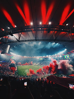 Flamengo Stadium Atmosphere With Red Smoke And Brazilian Flags HD phone wallpaper