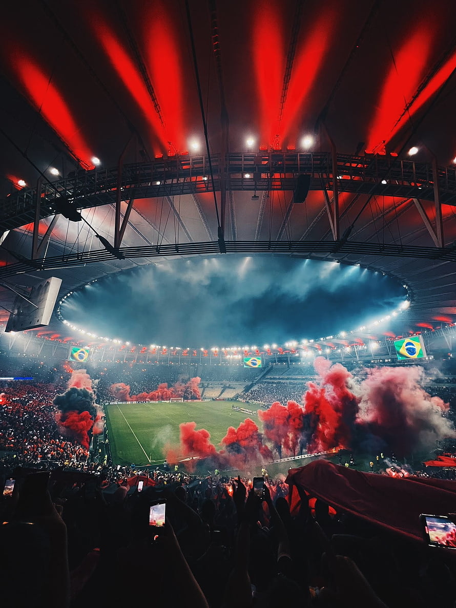 Flamengo Stadium Atmosphere With Red Smoke And Brazilian Flags HD phone wallpaper