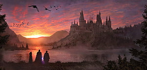 Hogwarts Castle at Sunset with Silhouetted Figures and Birds in Flight HD wallpaper