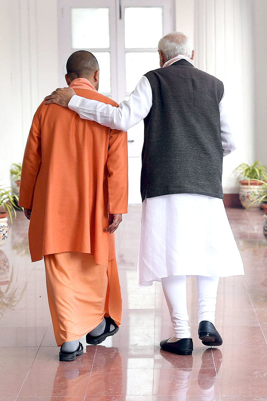 Narendra Modi and Yogi Adityanath Walking Together in Traditional Indian Attire HD phone wallpaper