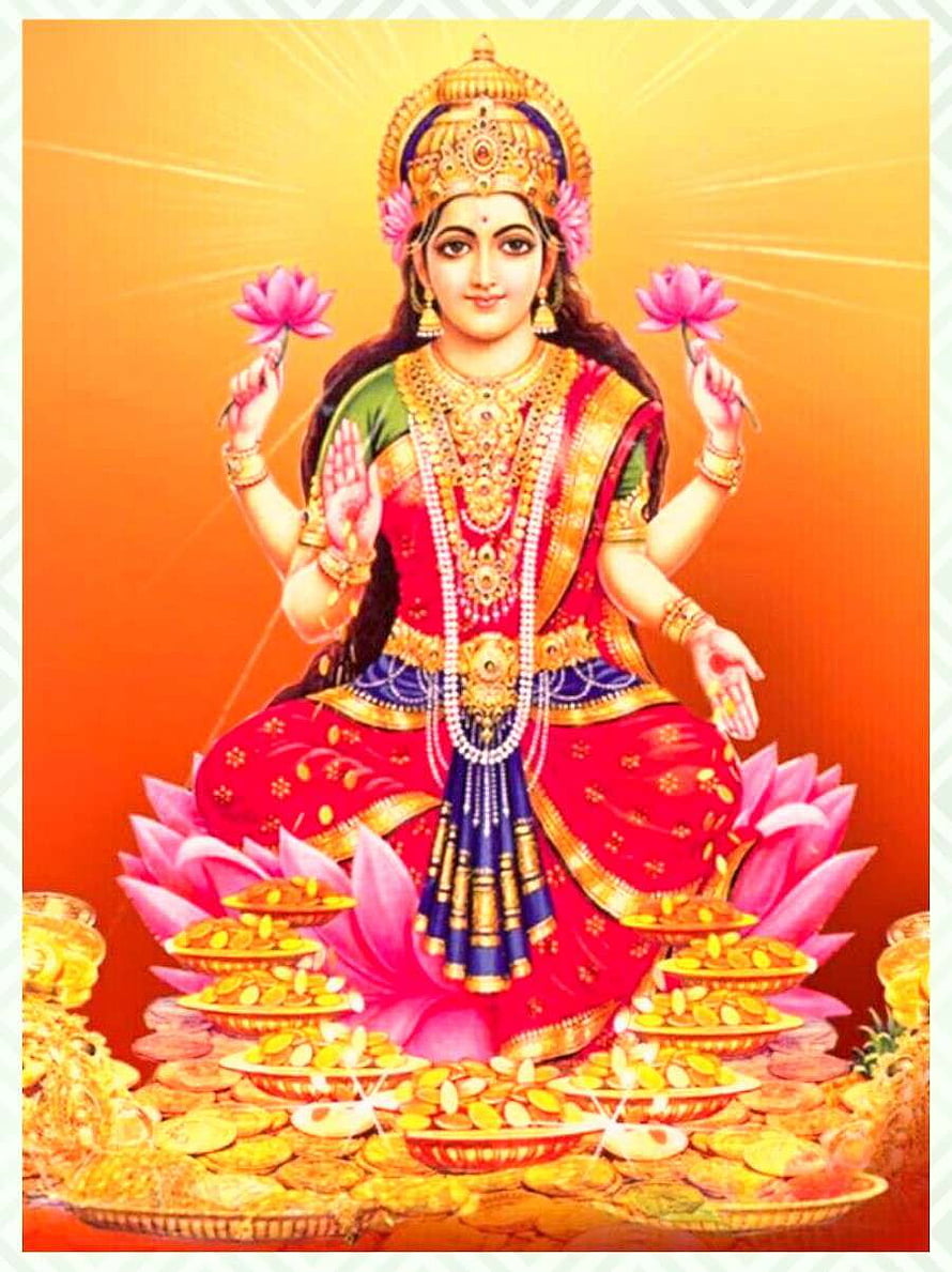 Goddess Lakshmi Seated on Lotus with Gold Coins and Diyas HD phone wallpaper