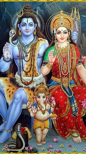 Lord Shiva, Goddess Parvati, and Ganesha in Traditional Indian Mythological Art HD phone wallpaper