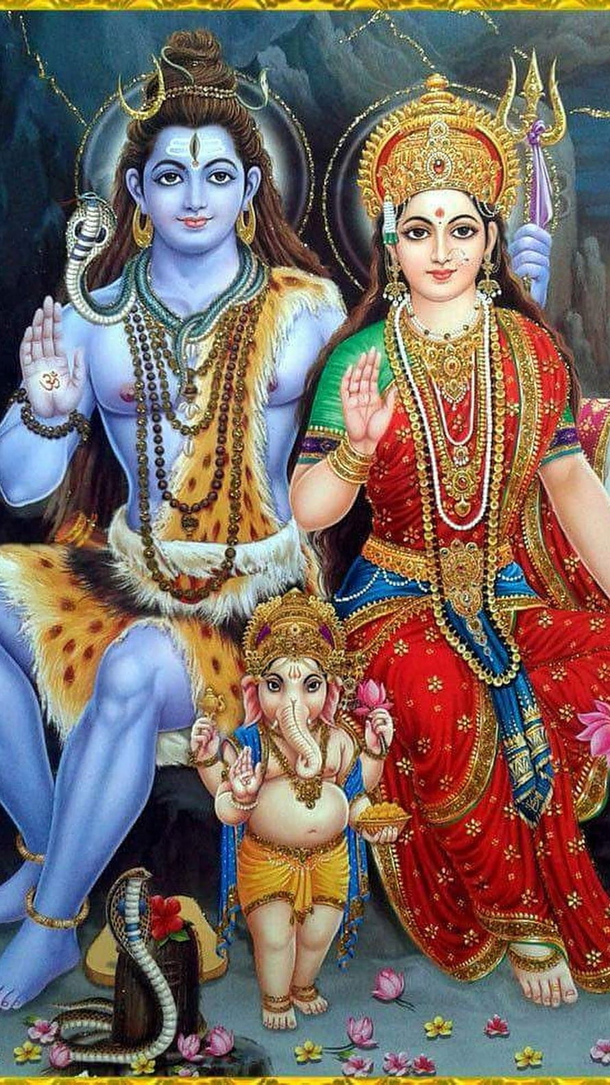 Lord Shiva, Goddess Parvati, and Ganesha in Traditional Indian Mythological Art HD phone wallpaper