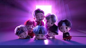TinyTAN Animated BTS Members in Vibrant Purple Studio Setting HD wallpaper