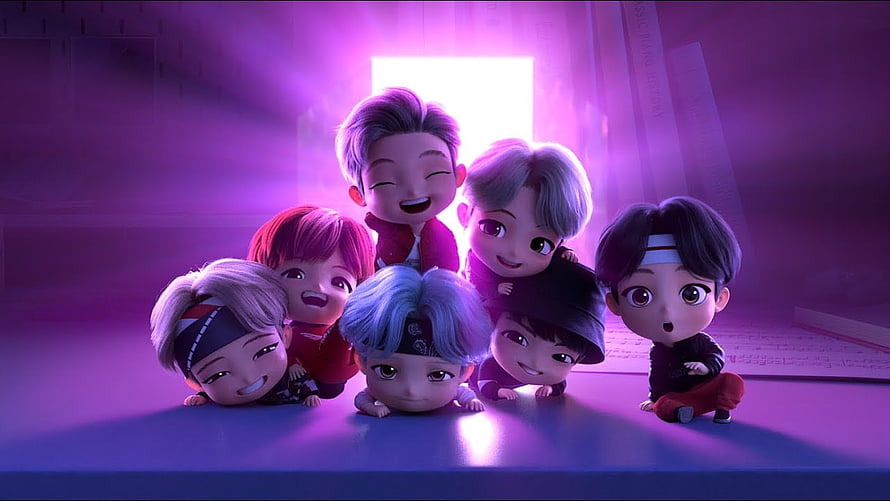 TinyTAN Animated BTS Members in Vibrant Purple Studio Setting HD wallpaper