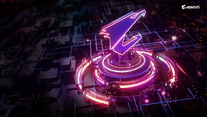 Gigabyte Aorus Neon Logo on Futuristic Circuit Board with RGB Lighting HD wallpaper