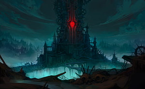 Dark Fantasy Demon Castle with Glowing Red Core and Gothic Spires HD wallpaper