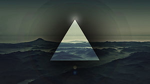 Dark Mountain Landscape with Glowing Triangle Portal and Misty Horizon HD wallpaper