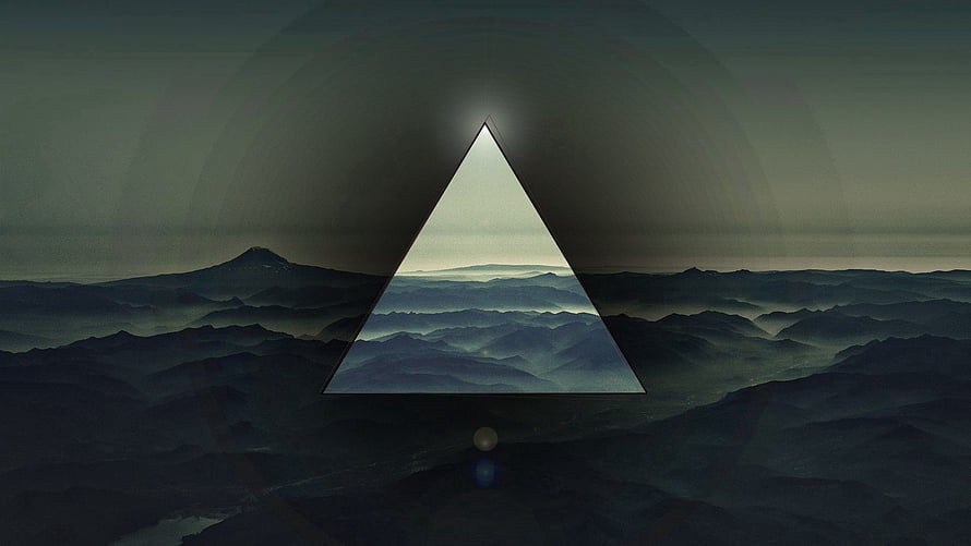 Dark Mountain Landscape with Glowing Triangle Portal and Misty Horizon HD wallpaper