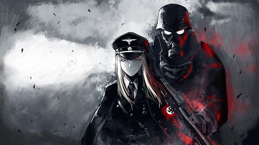 Dark Anime Illustration of a Female Officer and Gas Mask Soldier in WWII Military Uniforms HD wallpaper