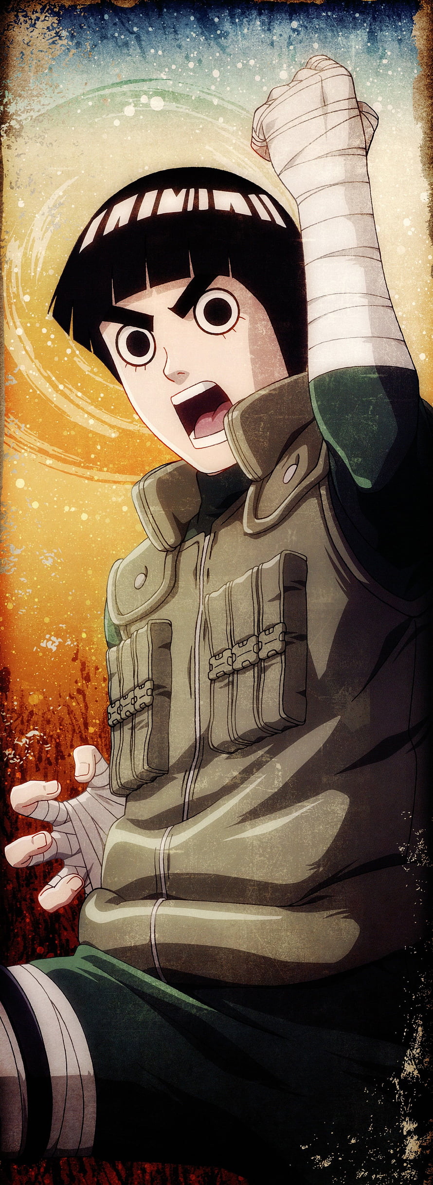 Rock Lee from Naruto Shippuden in a Dynamic Martial Arts Pose with Bandaged Arms HD phone wallpaper