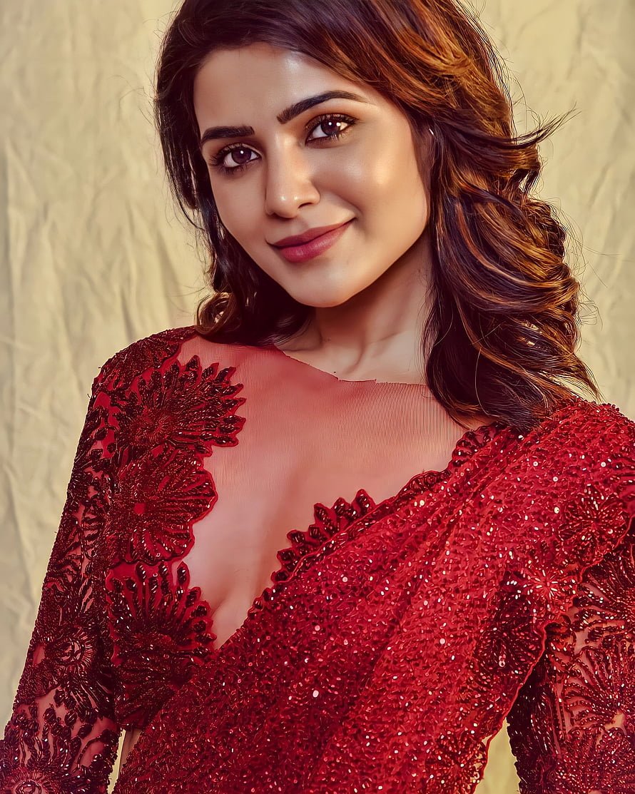 Samantha Ruth Prabhu in an ornate red embroidered gown with sheer neckline and wavy hair HD phone wallpaper