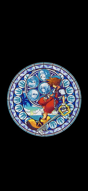 Kingdom Hearts Sora Stained Glass Artwork with Keyblade and Character Portraits HD phone wallpaper