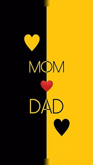 Minimalist Black and Yellow Split Design Featuring Mom and Dad Text with Heart Icons HD phone wallpaper