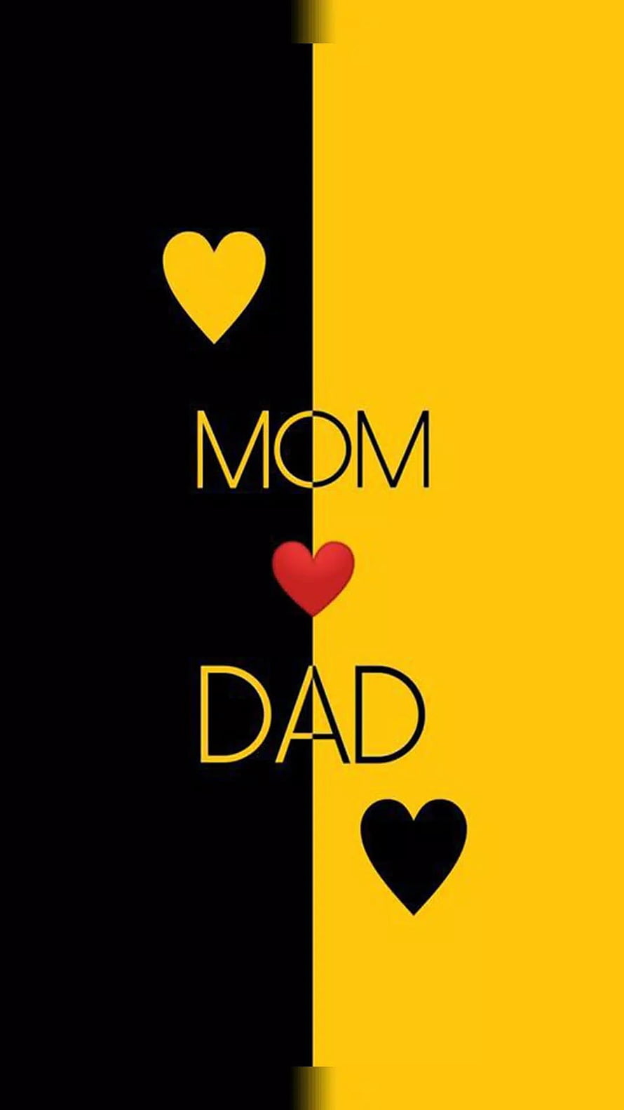 Minimalist Black and Yellow Split Design Featuring Mom and Dad Text with Heart Icons HD phone wallpaper
