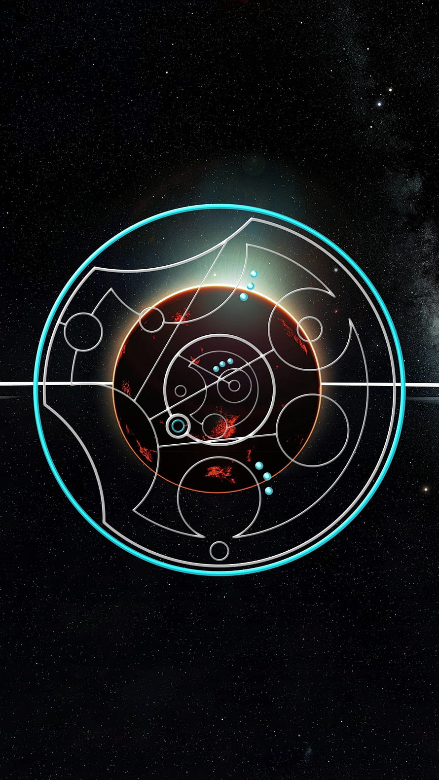 Gallifrey Time Lord Symbol with Glowing Orb and Celestial Starfield Background HD phone wallpaper