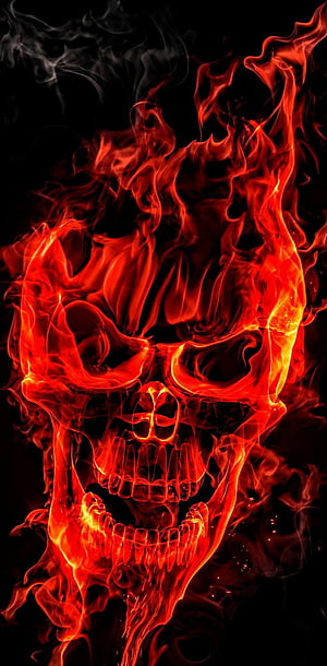 Burning Human Skull in Vivid Red Flames Against a Dark Background HD phone wallpaper
