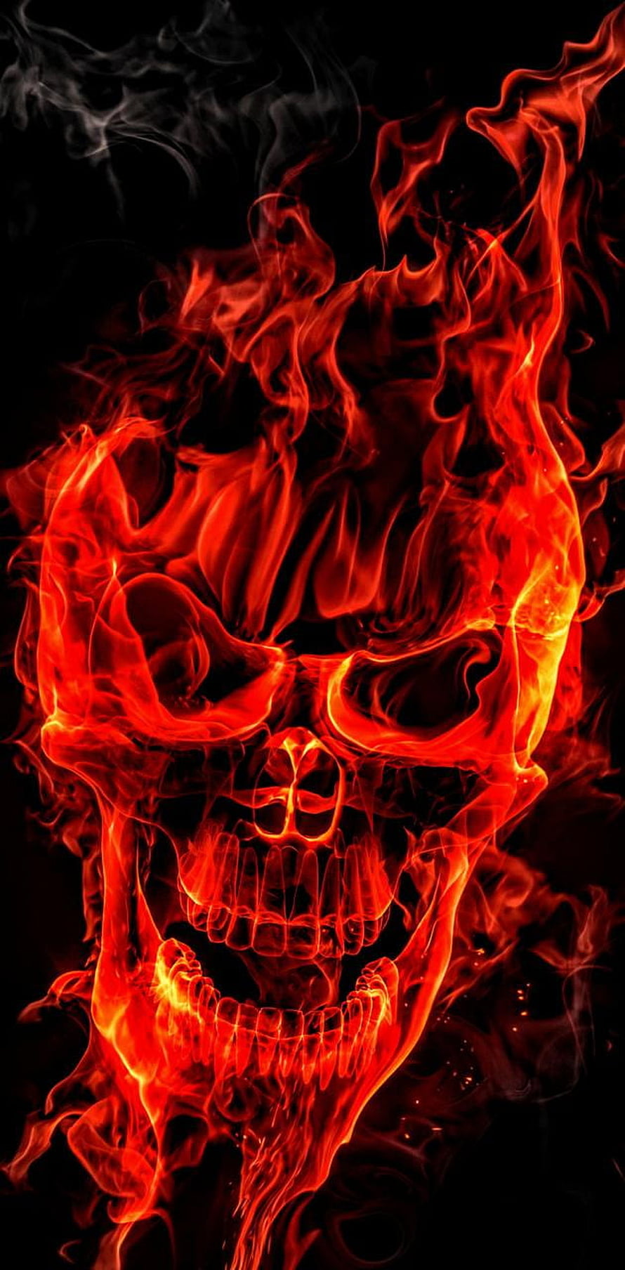 Burning Human Skull in Vivid Red Flames Against a Dark Background HD phone wallpaper