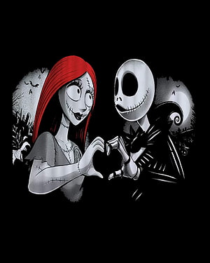 Jack and Sally from The Nightmare Before Christmas Forming a Heart Shape in Stylized Illustration HD phone wallpaper