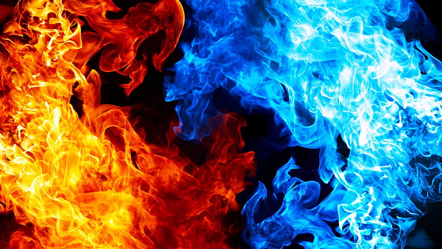 Vivid Blue and Orange Flames Clashing on a Black Background HD wallpaper