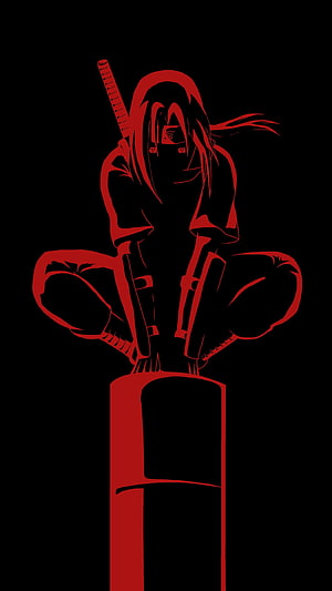 Itachi Uchiha from Naruto in a minimalist red silhouette sitting cross-legged with a katana on a black background HD phone wallpaper