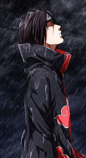 Itachi Uchiha in Akatsuki cloak standing in the rain with a somber expression HD phone wallpaper