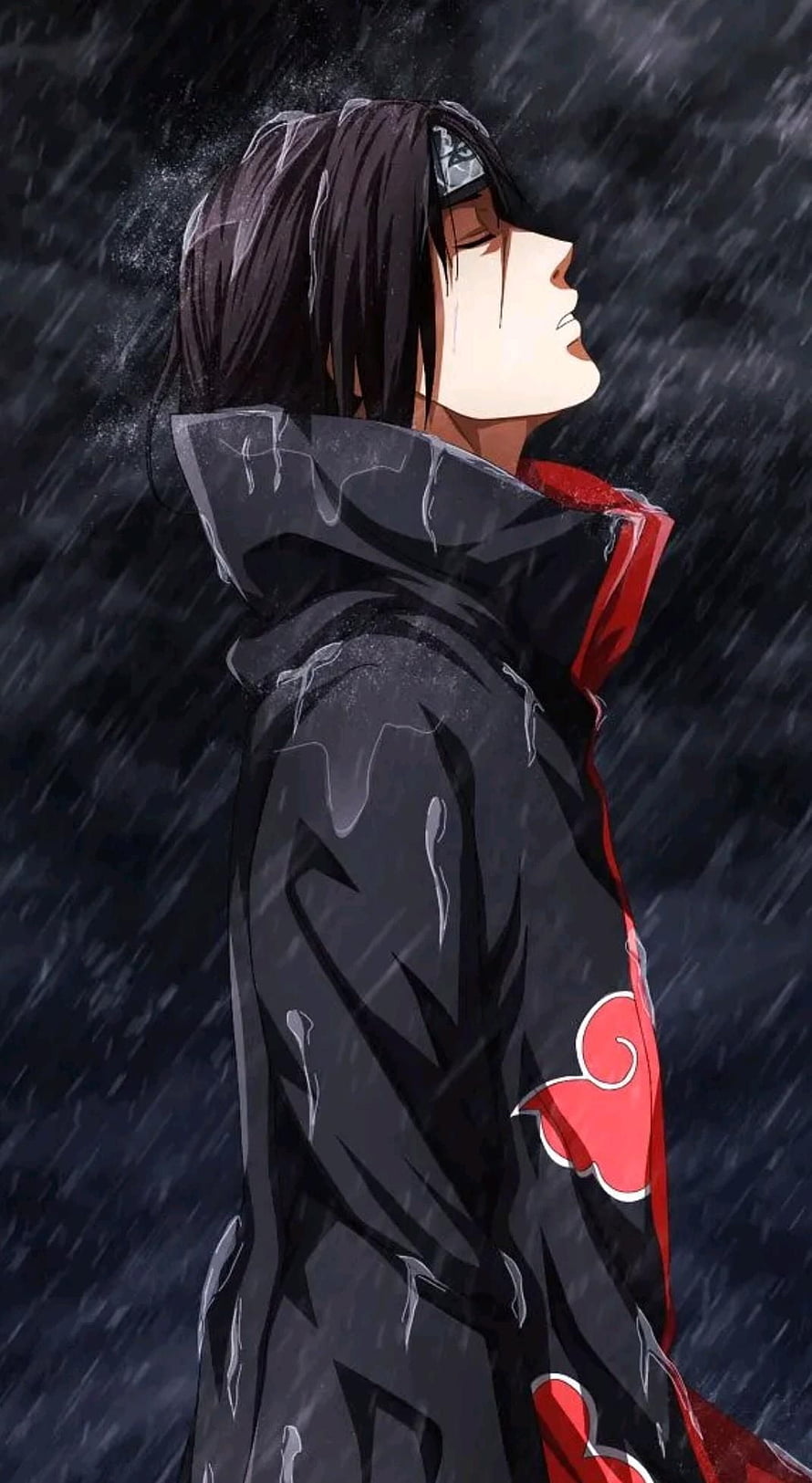 Itachi Uchiha in Akatsuki cloak standing in the rain with a somber expression HD phone wallpaper