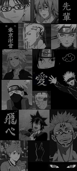 Monochrome Anime Collage Featuring Naruto, Tokyo Revengers, and Jujutsu Kaisen Characters HD phone wallpaper