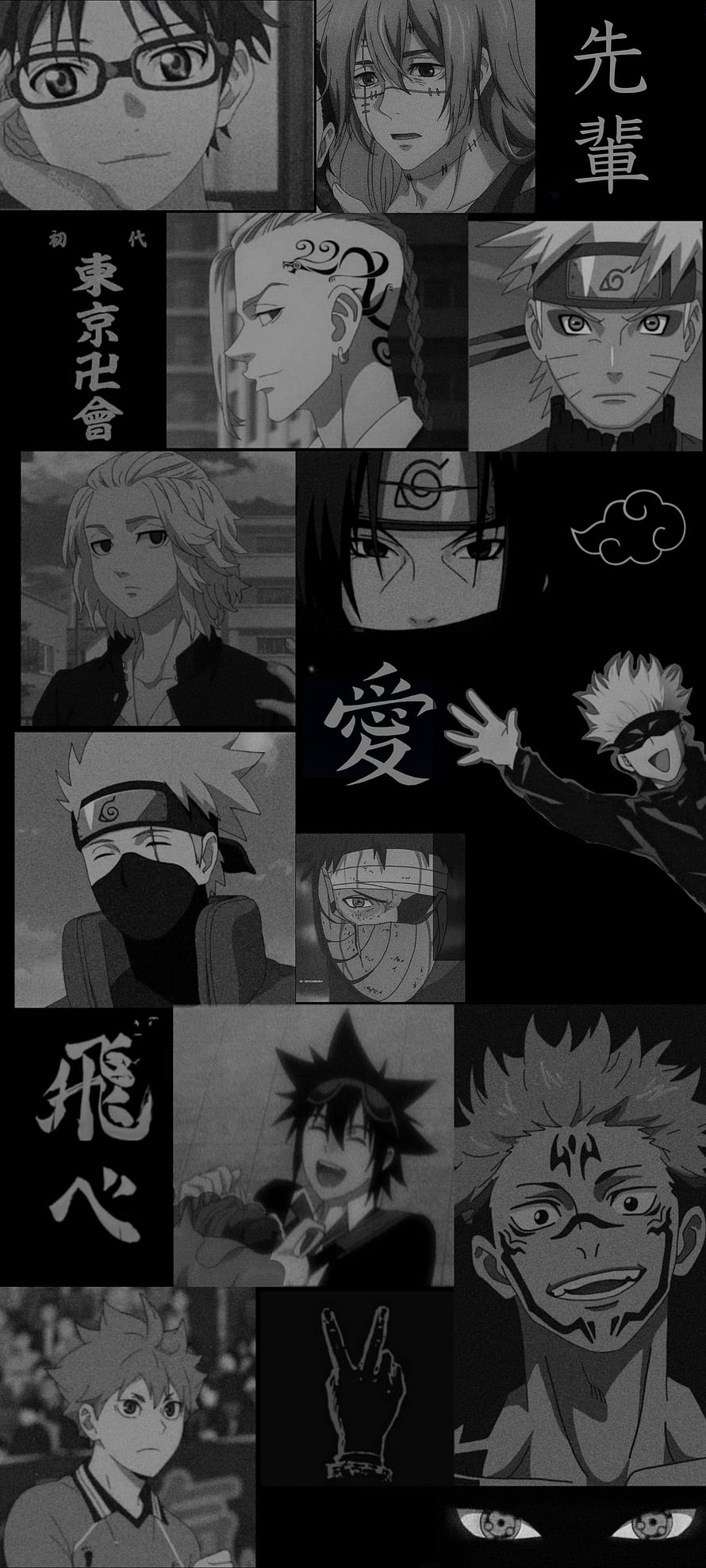 Monochrome Anime Collage Featuring Naruto, Tokyo Revengers, and Jujutsu Kaisen Characters HD phone wallpaper