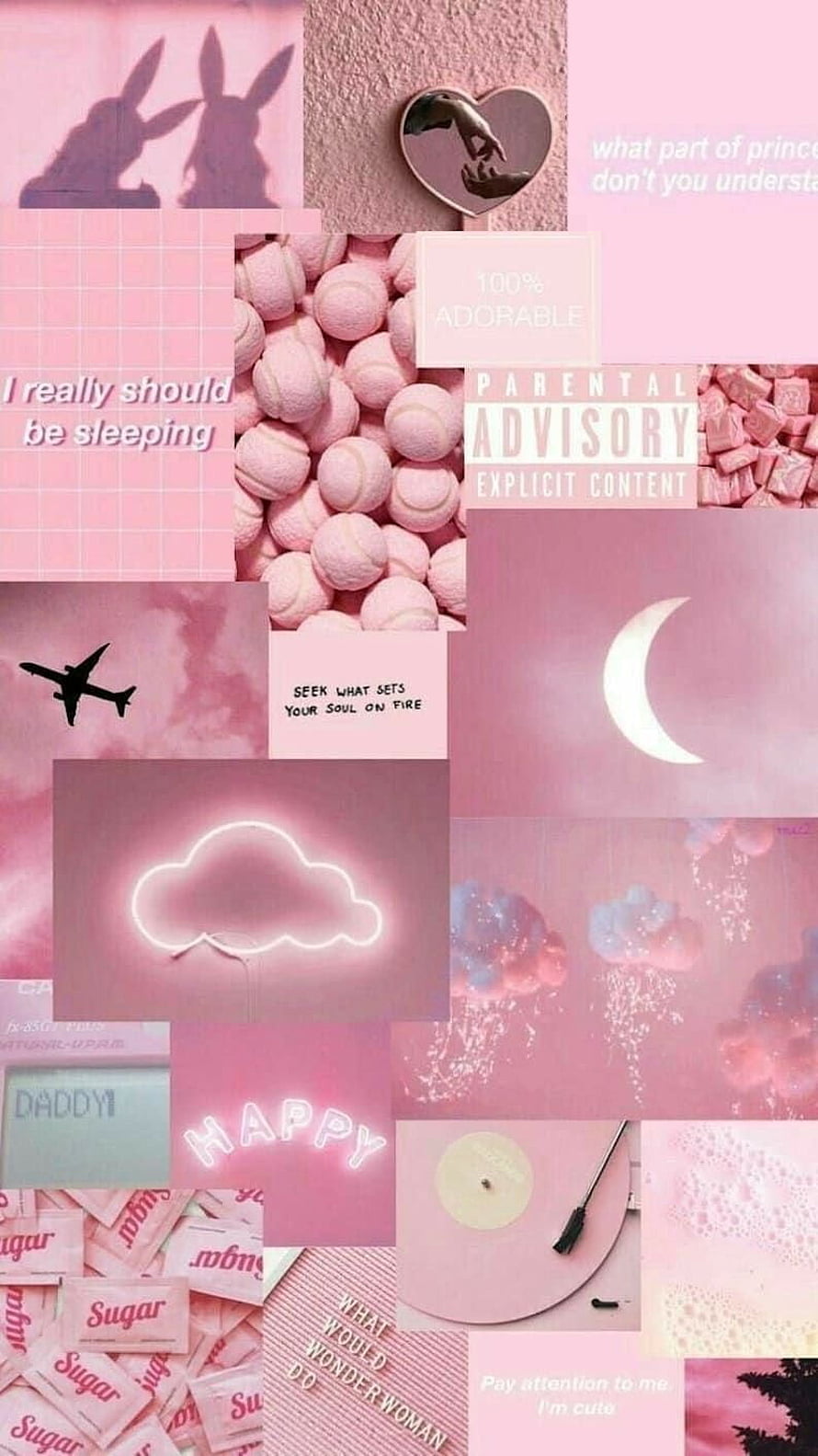 Pastel Pink Aesthetic Collage with Neon Cloud, Moon, and Sugar Packets HD phone wallpaper