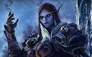 Sylvanas Windrunner in ornate purple armor with glowing red eyes and spectral smoke HD wallpaper