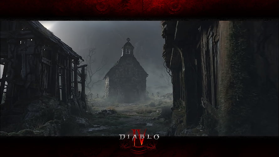 Diablo IV Dark Abandoned Village Scene With Foggy Church And Ruined Buildings HD wallpaper