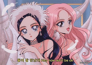 Two Anime Girls in 90s Retro Style with Pink and Black Hair HD wallpaper