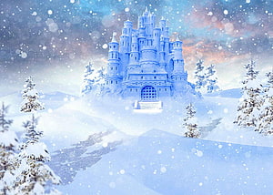 Frozen Castle in Snowy Winter Landscape with Falling Snowflakes and Pine Trees HD wallpaper