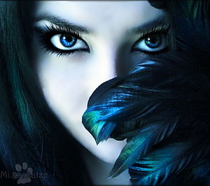 Mysterious Woman With Blue Eyes Holding Dark Feathers HD wallpaper