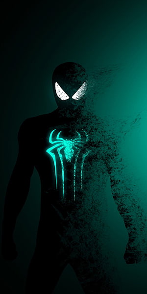 Spider-Man Noir Silhouette with Glowing Cyan Spider Emblem on Dark Teal Background HD phone wallpaper