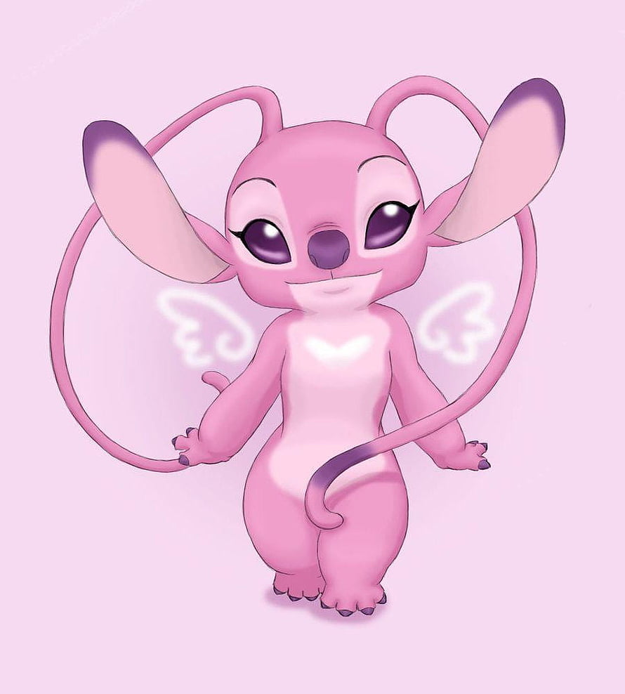 Cute Pink Angel Stitch Character with Wings and Heart Mark on Soft Background HD phone wallpaper