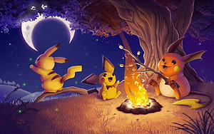 Pikachu, Raichu, and Pichu Roasting Marshmallows by a Campfire Under a Crescent Moon HD wallpaper