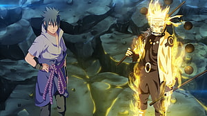 Naruto and Sasuke in Epic Battle Scene with Golden Aura and Chakra Energy HD wallpaper