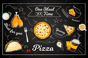 Chalkboard Style Pizza Menu Illustration with Fast Food Icons and Handwritten Typography HD wallpaper